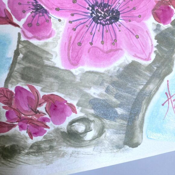 Art Original Sakura on a Trunk Flower Watercolor Painting 11x14in Matted - Picture 9 of 13